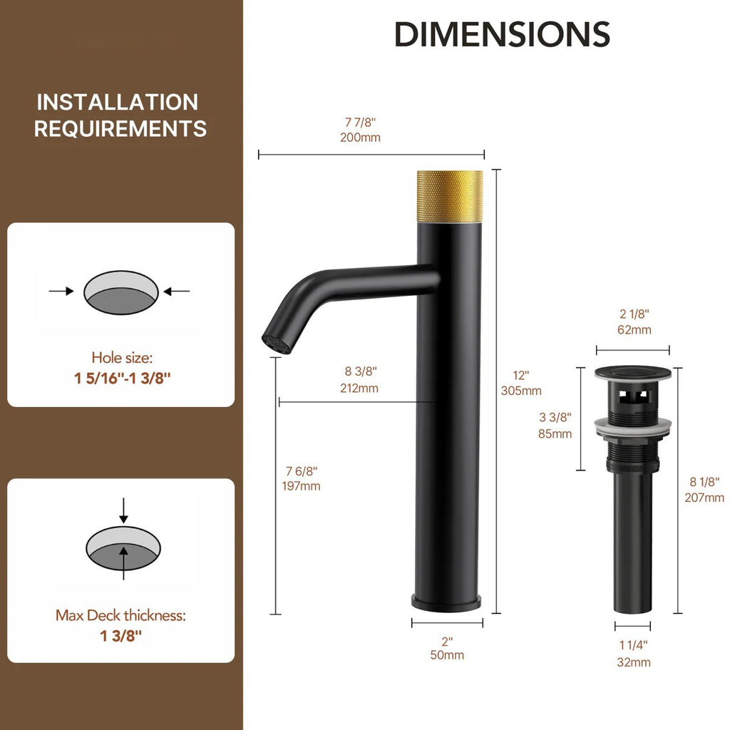 Single Hole Bathroom Vessel Faucet, Single Handle Bathroom Vessel Sink Faucet with Drain Assembly LP0220266-YS - Matte Black/Brushed Gold