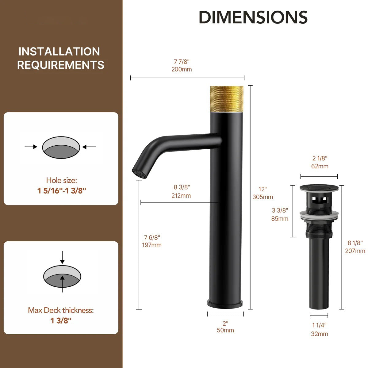 Single Hole Bathroom Vessel Faucet, Single Handle Bathroom Vessel Sink Faucet with Drain Assembly LP0220266-YS - Matte Black/Brushed Gold
