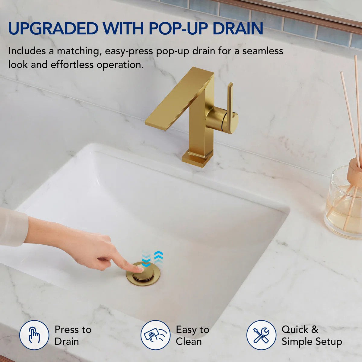 Single Hole Bathroom Faucet with Drain Assembly, Single Handle Bathroom Sink Faucet LP55789-YS- Brushed Gold