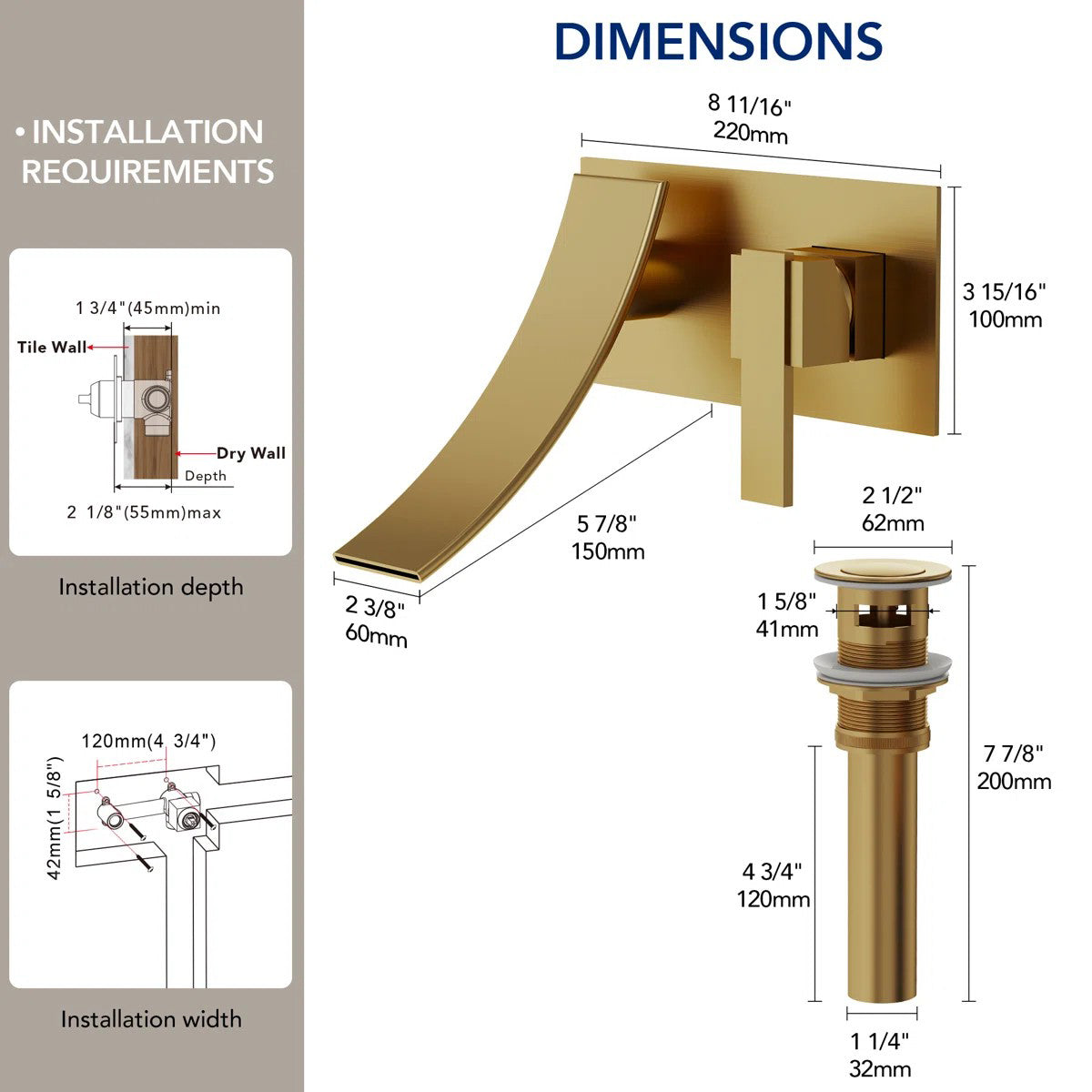 Wall Mounted Bathroom Faucet, Single-handle Bathroom Sink Faucet with Drain Assembly LP12234-CF - Brushed Gold