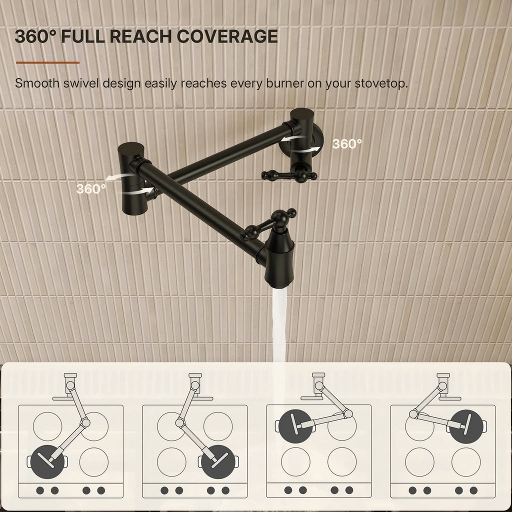Wall Mount Swing Arm Folding Pot Filler Kitchen Faucet, 2-Handle Kitchen Faucet for Stove Use LP98-CF - Matte Black