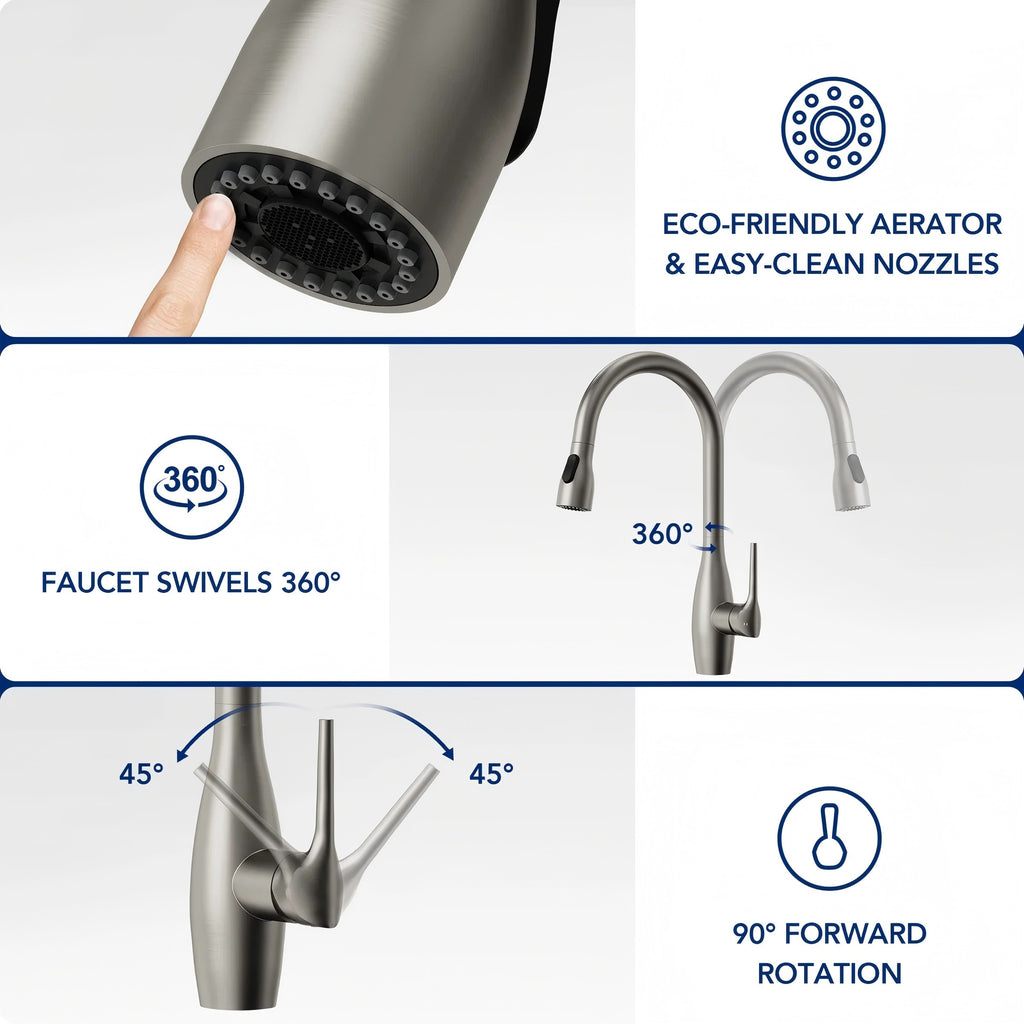 Dual-Function Single-Handle Pull-Down Kitchen Faucet with 360 Degree Swivel Spout LP1068-CF - Stainless Steel