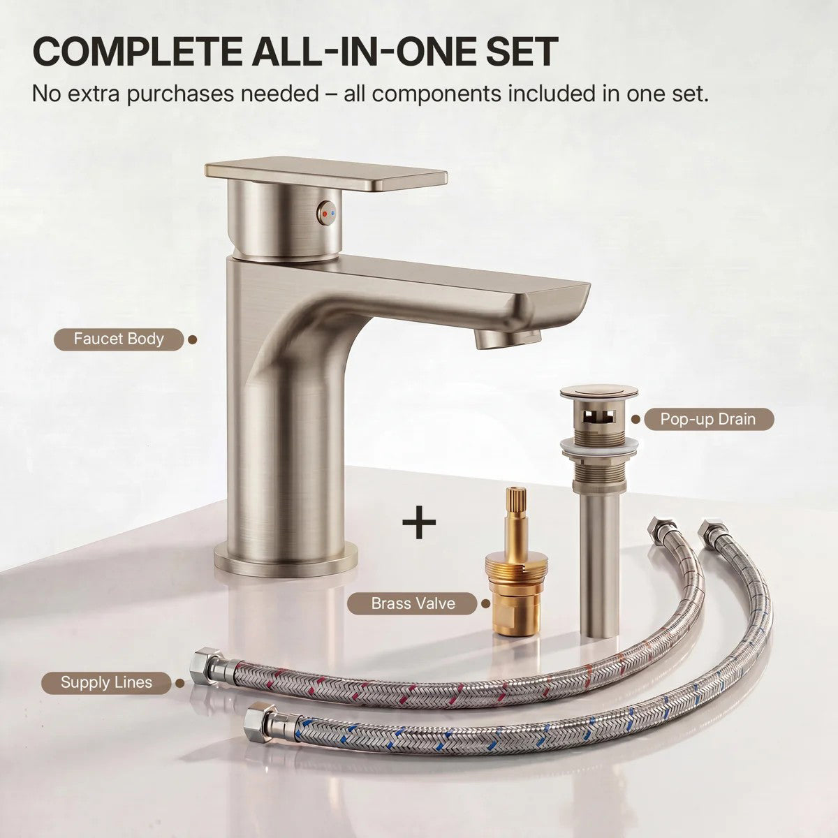 Single Hole Bathroom Faucet with Drain Assembly, Single Handle Bathroom Sink Faucet LP001023-YS - Brushed Nickel