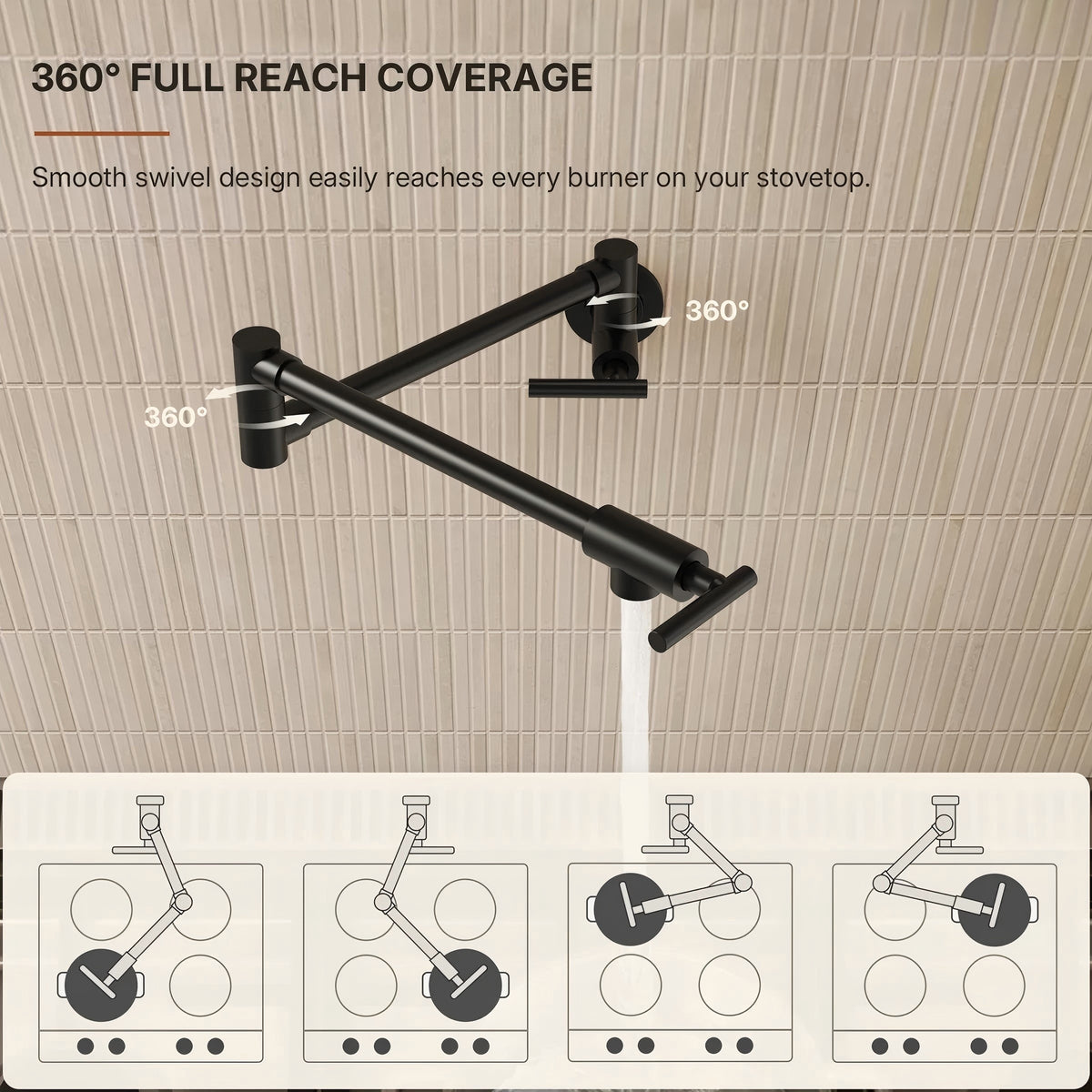 Wall Mount Pot Filler Faucet with Retractable Arm, 2-Handle Kitchen Faucet for Stove Use LP109CF - Matte Black