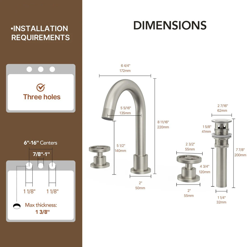 Widespread 3-Hole Bathroom Sink Faucet, 2-Handle Faucet with Wheel Knob Handles and Drain Assembly LP08100-YS - Brushed Nickel