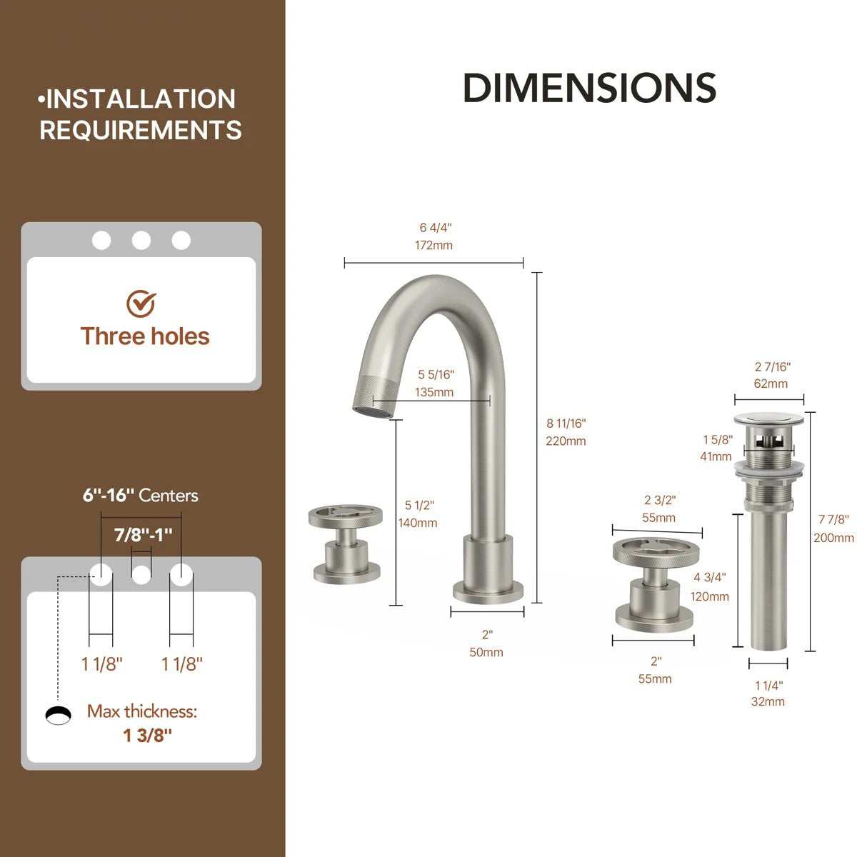 Widespread 3-Hole Bathroom Sink Faucet, 2-Handle Faucet with Wheel Knob Handles and Drain Assembly LP08100-YS - Brushed Nickel