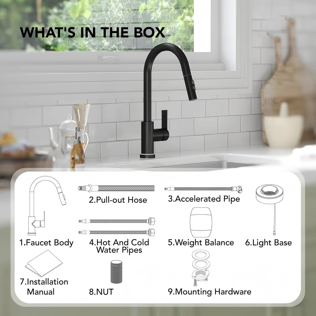 Pull Down Sprayer Kitchen Sink Faucet, Single Handle Kitchen Faucet with LED Light Base LP33031-CF - Matte Black