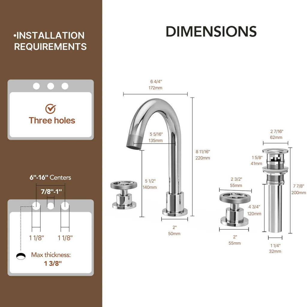 Widespread 3-Hole Bathroom Sink Faucet, 2-Handle Faucet with Wheel Knob Handles and Drain Assembly LP0910-YS - Chrome