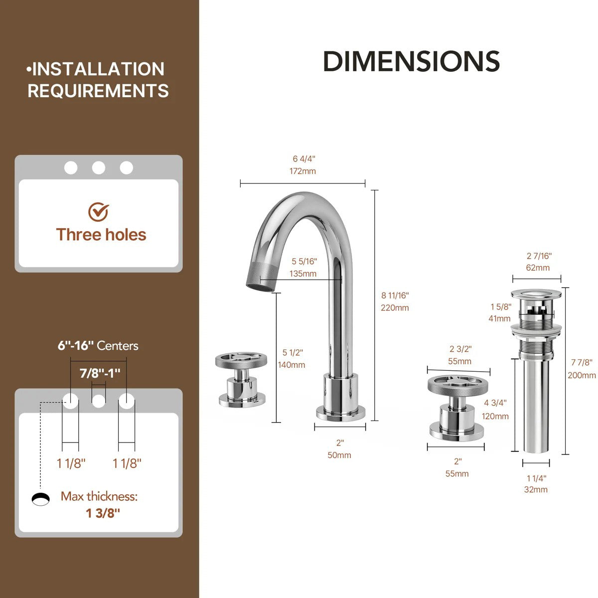Widespread 3-Hole Bathroom Sink Faucet, 2-Handle Faucet with Wheel Knob Handles and Drain Assembly LP0910-YS - Chrome