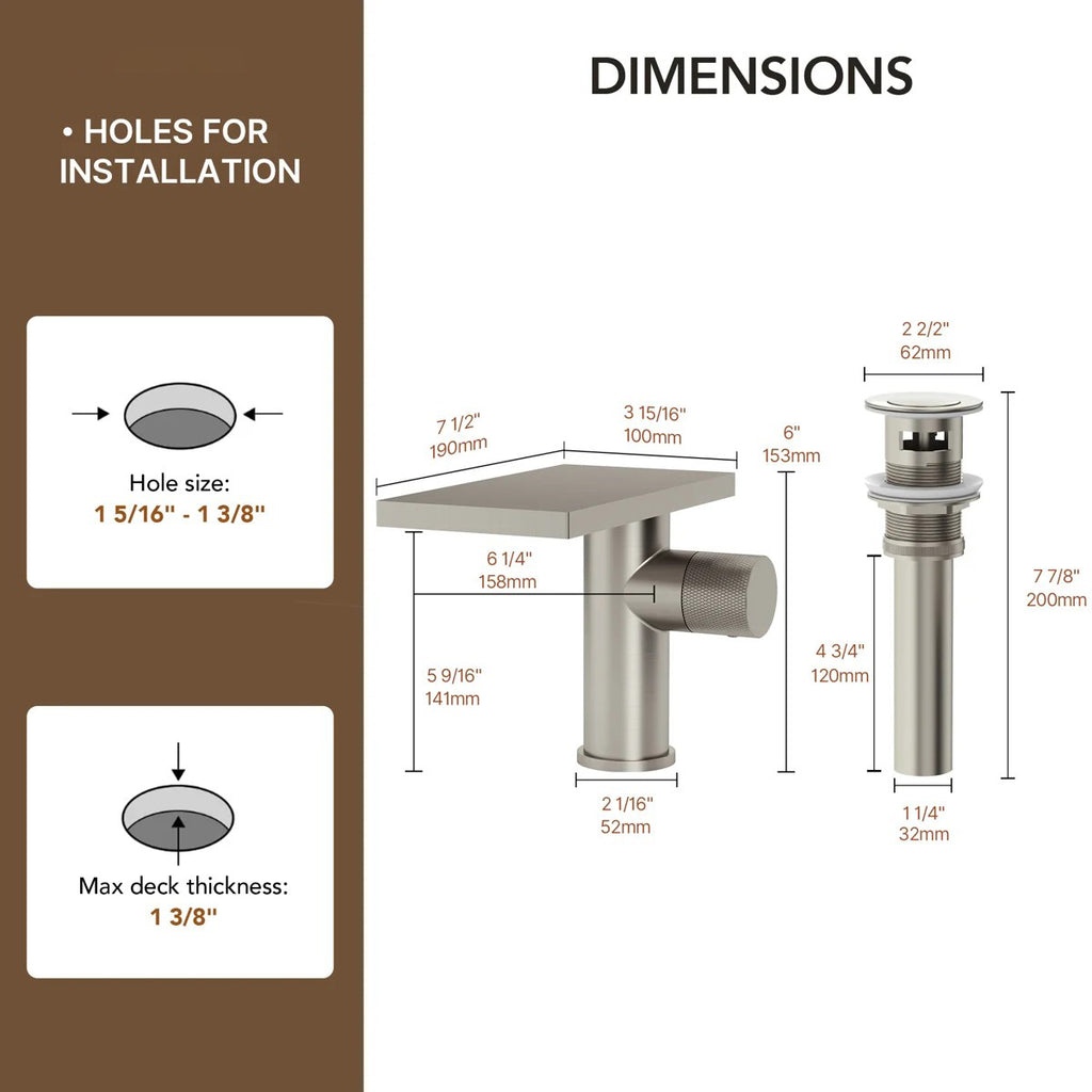 Single Hole Bathroom Faucet, Single-Handle Waterfall Sink Faucet with Drain Assembly LP0168-YS - Brushed Nickel