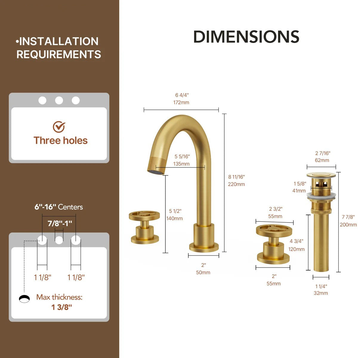 Widespread 3-Hole Bathroom Sink Faucet, 2-Handle Faucet with Wheel Knob Handles and Drain Assembly LP0916-YS - Brushed Gold