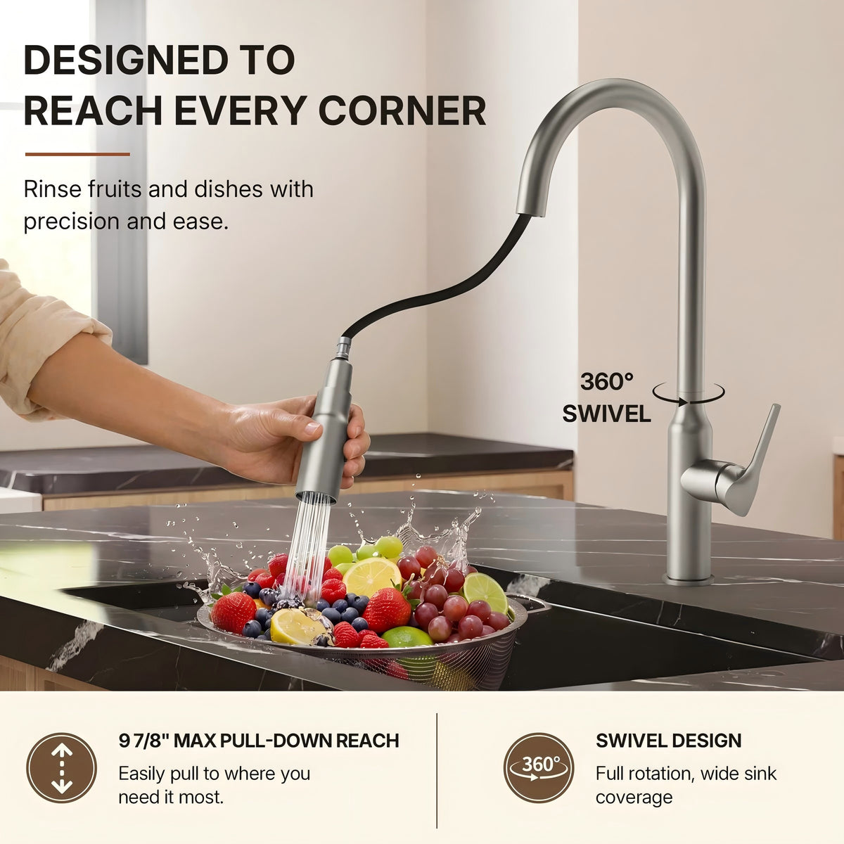 Dual-Function Single-Handle Pull-Down Kitchen Faucet with Swivel Spout LP133-CF- Stainless Steel