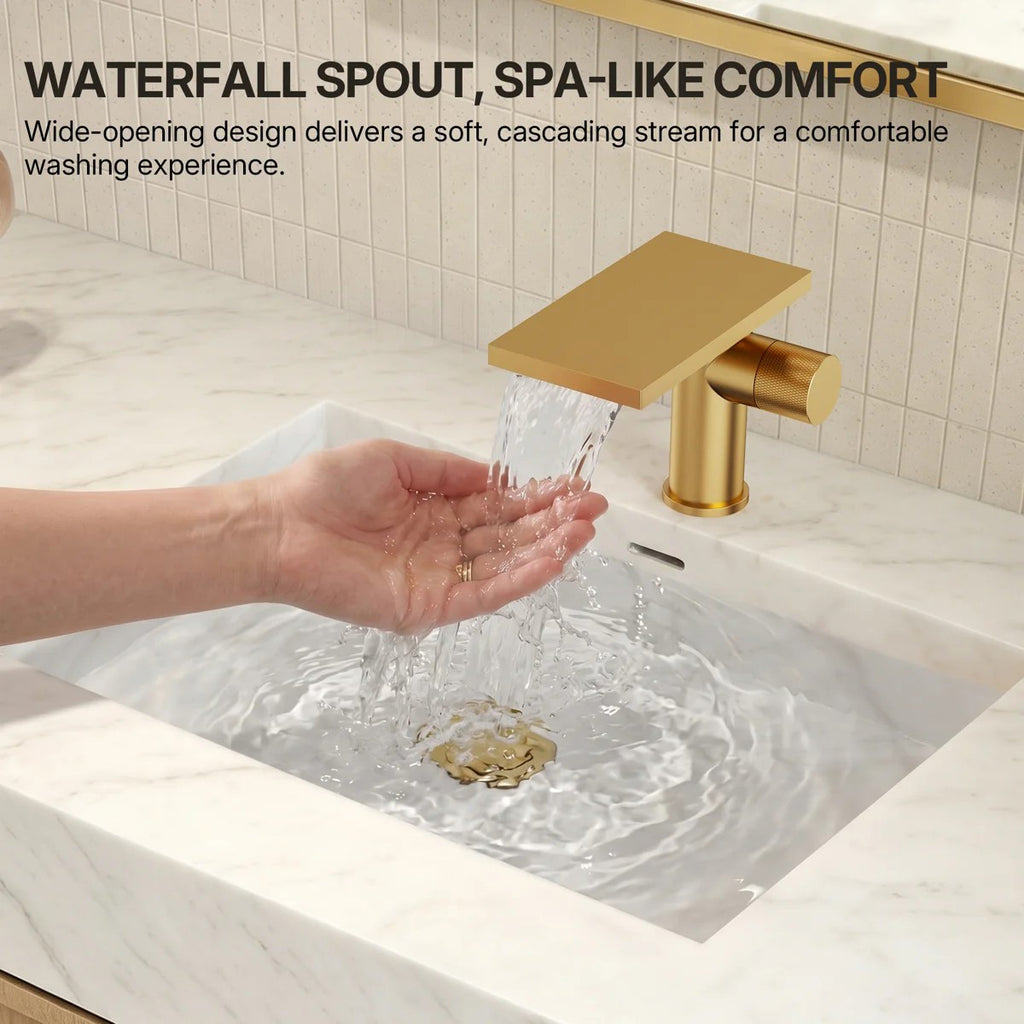 Single Hole Bathroom Faucet, Single-Handle Waterfall Sink Faucet with Drain Assembly LP023-YS - Brushed Gold