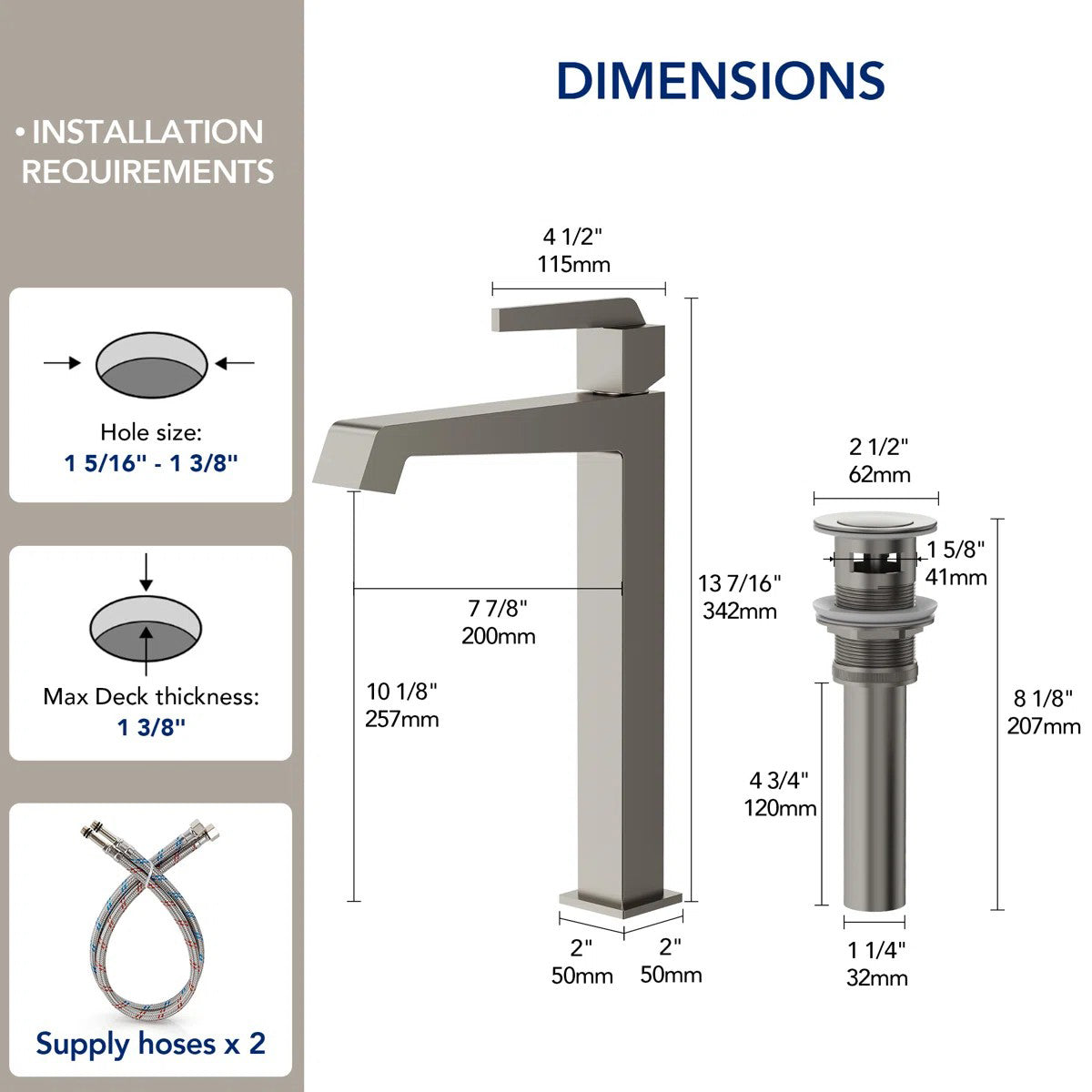 Single Hole Vessel Bathroom Faucet with Drain Assembly, Single Handle Vessel Bathroom Sink Faucet LP08121-YS - Brushed Nickel