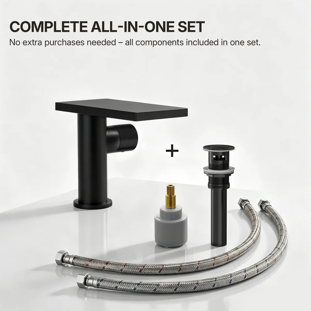 Single Hole Bathroom Faucet, Single-Handle Waterfall Sink Faucet with Drain Assembly LPBK0021 - Matte Black
