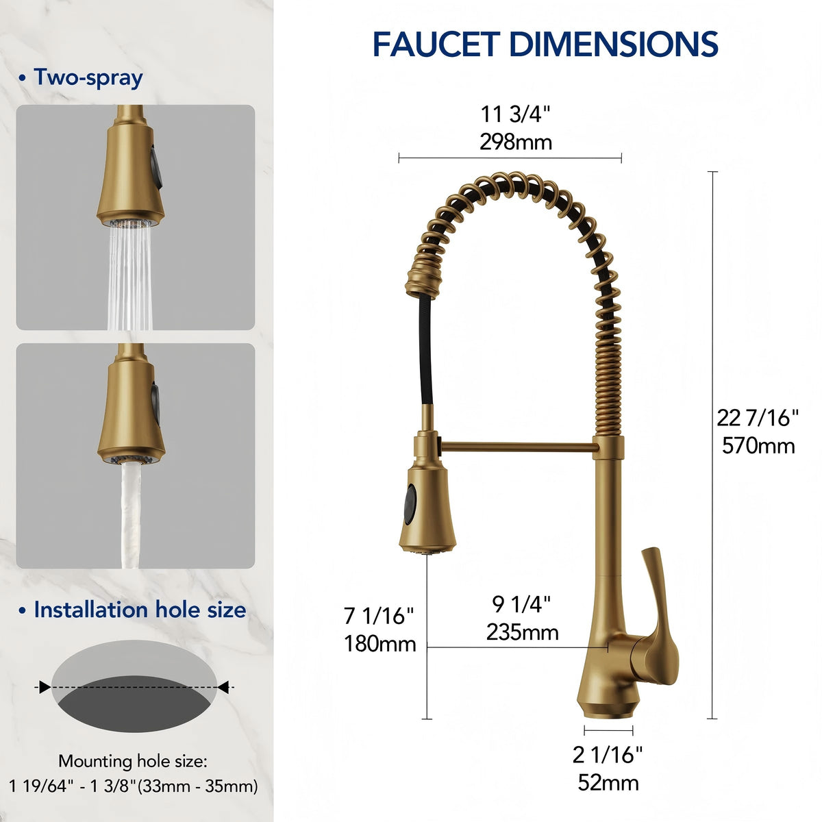 Commercial-Style 2-Function Pull-Down Single-Handle Kitchen Faucet LP0611-CF - Brushed Gold