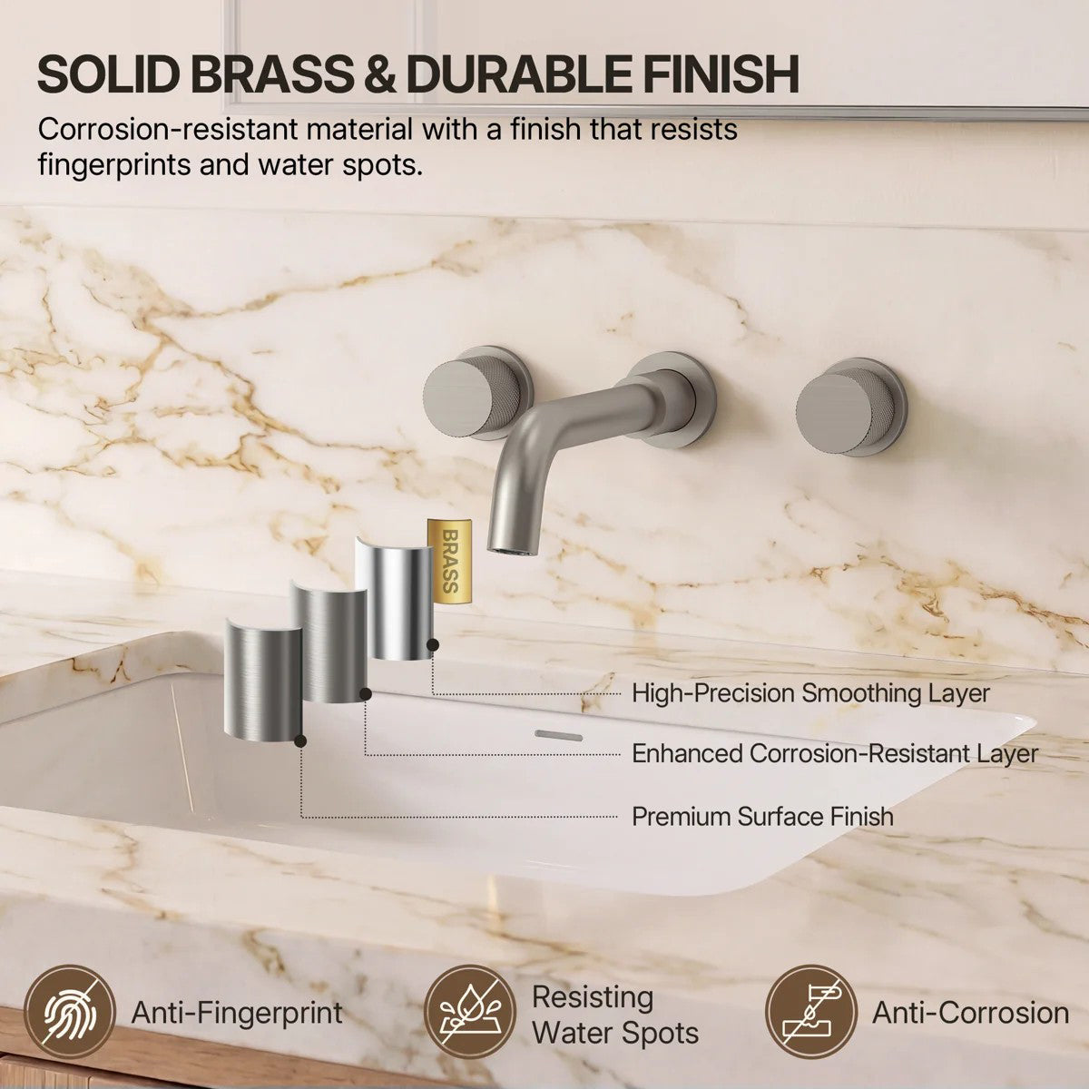 Wall Mounted Bathroom Faucet 3 Hole,2-Handle Bathroom Sink Faucet with Drain Assembly, Brushed Nickel LP0019103-YS - Brushed Nickel