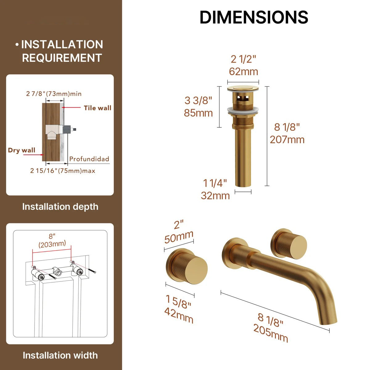 Wall Mounted Bathroom Faucet 3 Hole,2-Handle Bathroom Sink Faucet with Drain Assembly, Brushed Gold LP020103-YS - Brushed Gold