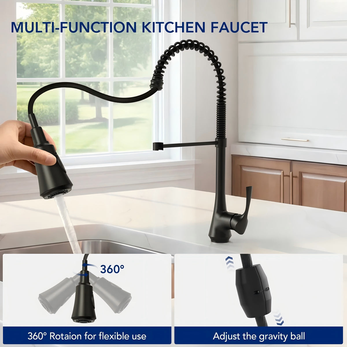 Commercial-Style 2-Function Pull-Down Single-Handle Kitchen Faucet LP9013-CF - Matte Black