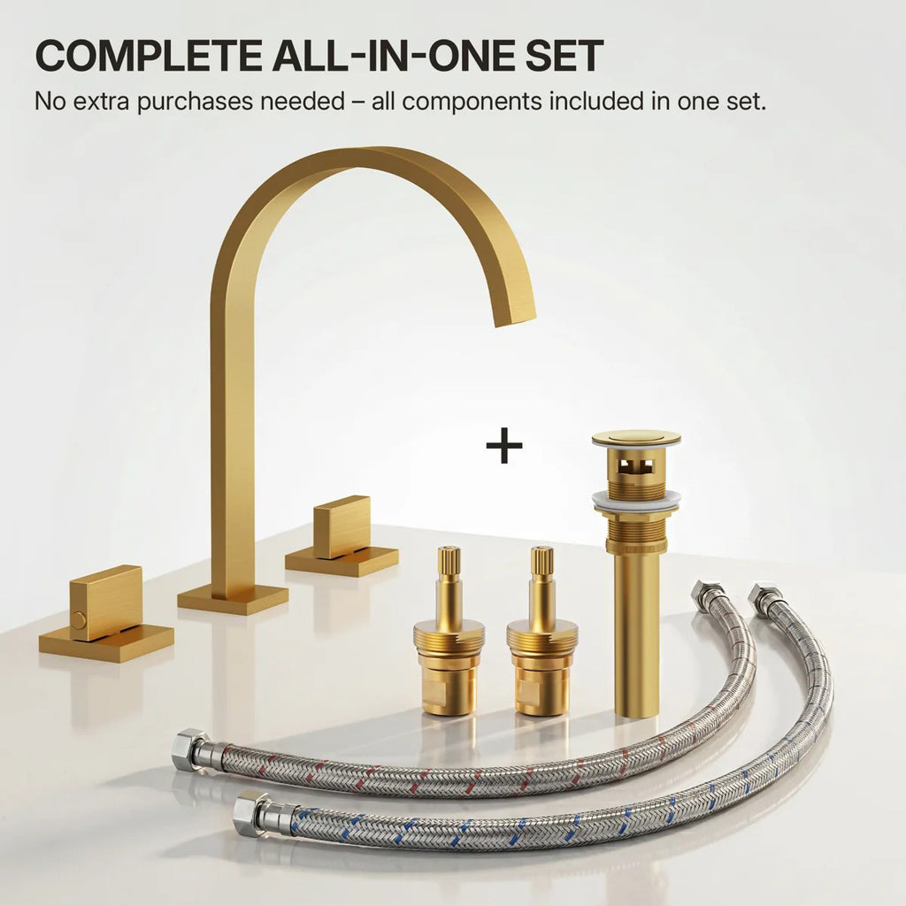 Widespread Bathroom Faucet 3 Hole, 2-handle Bathroom Sink Faucet with Drain Assembly LP0054568-YS - Brushed Gold