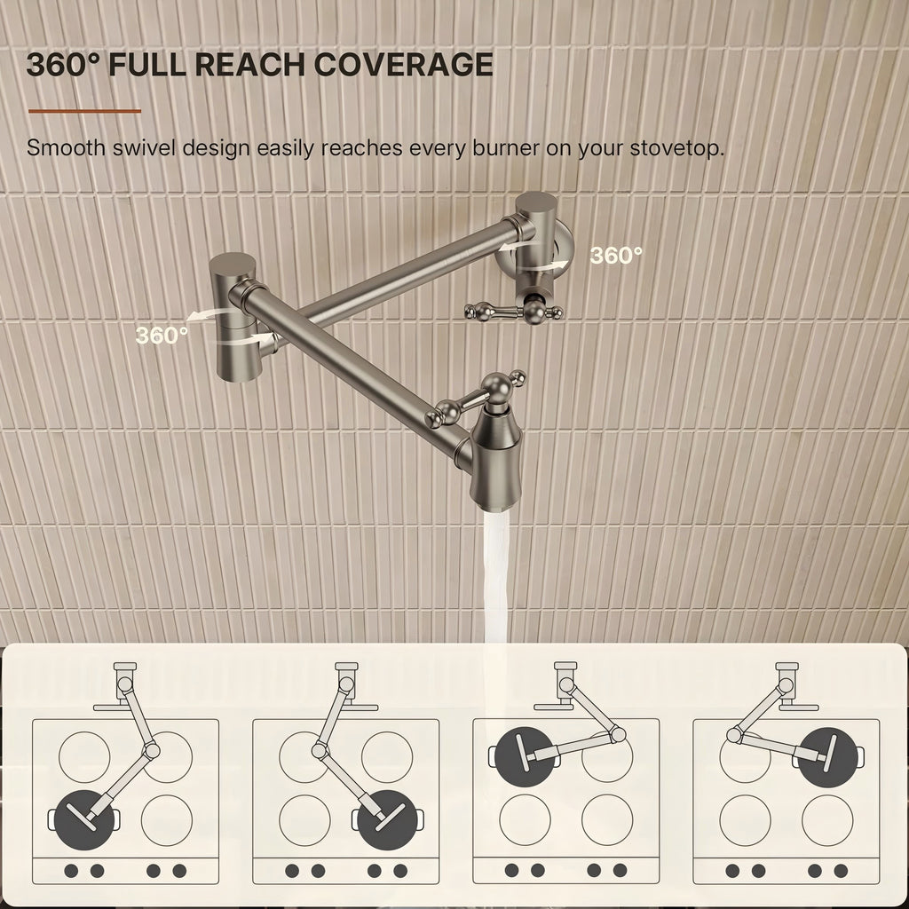 Wall Mount Swing Arm Folding Pot Filler Kitchen Faucet, 2-Handle Kitchen Faucet for Stove Use LP09-CFK - Brushed Nickel