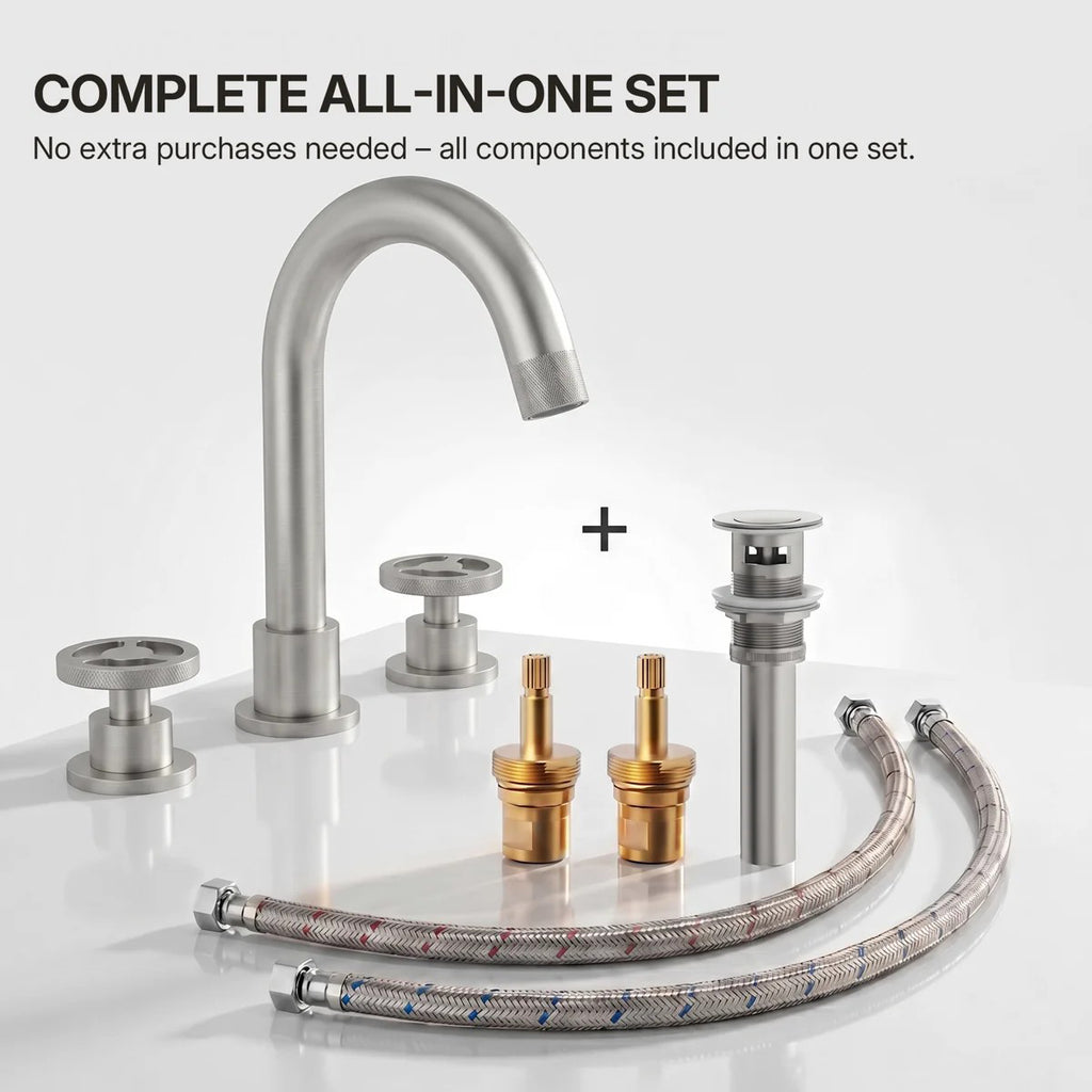 Widespread 3-Hole Bathroom Sink Faucet, 2-Handle Faucet with Wheel Knob Handles and Drain Assembly LP08100-YS - Brushed Nickel