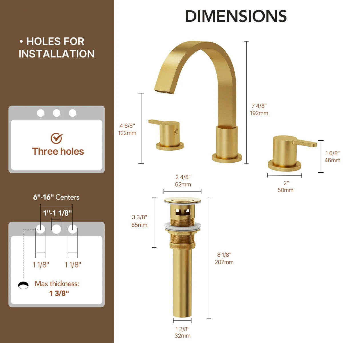 Widespread Bathroom Faucet 3 Hole, 2-handle Bathroom Sink Faucet with Drain Assembly LP00503-YS - Brushed Gold