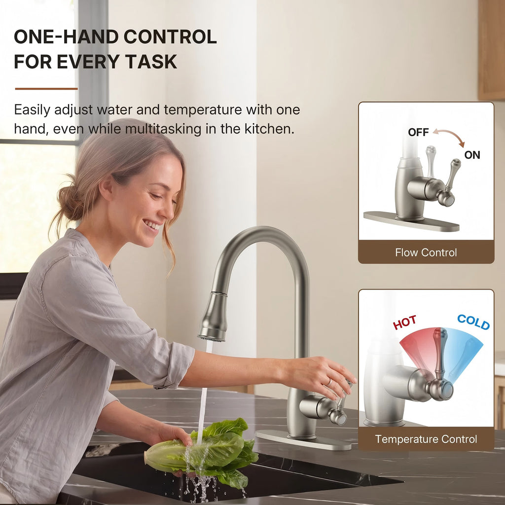 Dual-Function Single-Handle Pull-Down Kitchen Faucet with Deck Plate LP08812-CF- Brushed Nickel