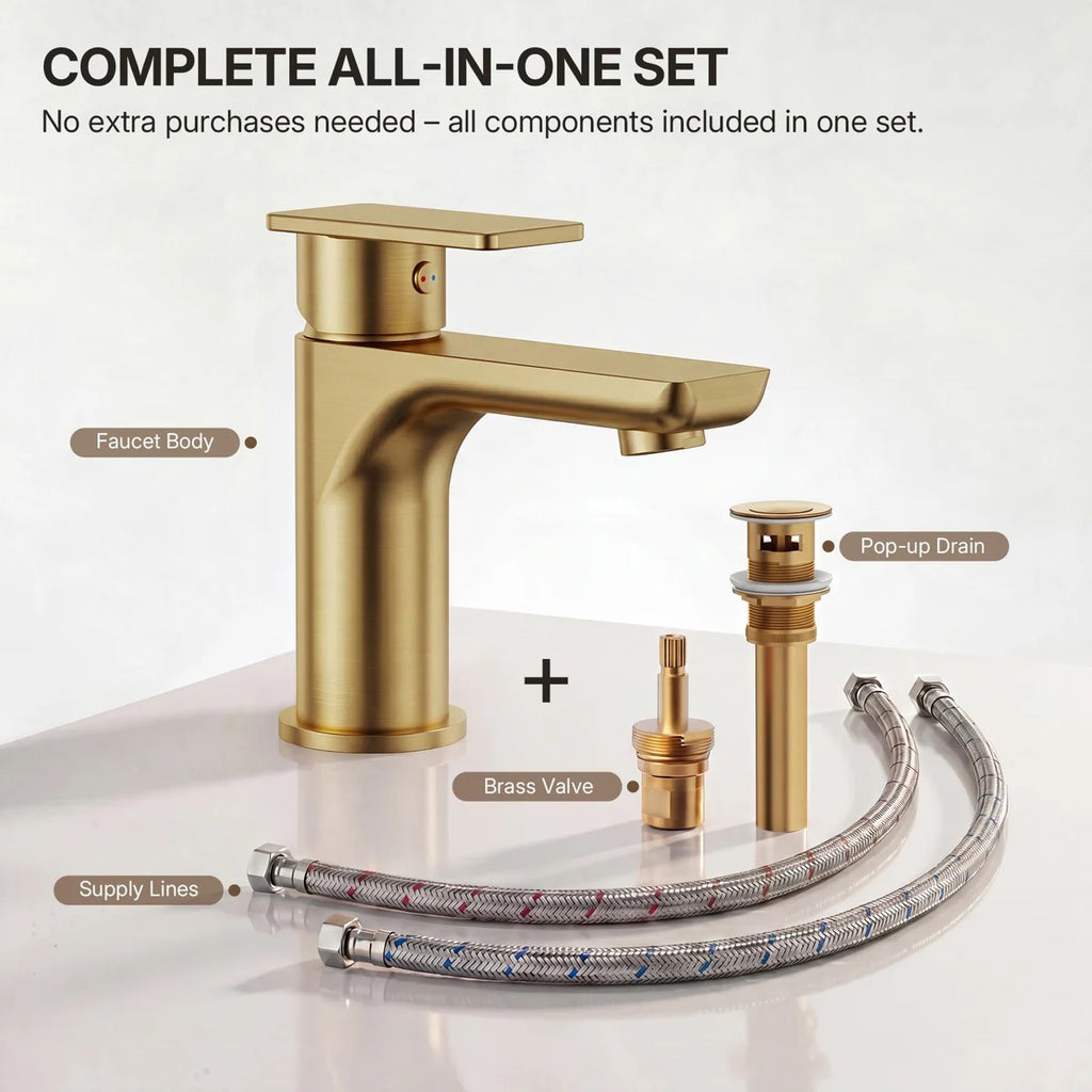 Single Hole Bathroom Faucet with Drain Assembly, Single Handle Bathroom Sink Faucet LP0091023-YS - Brushed Gold