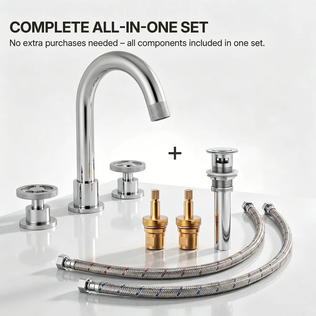 Widespread 3-Hole Bathroom Sink Faucet, 2-Handle Faucet with Wheel Knob Handles and Drain Assembly LP0910-YS - Chrome