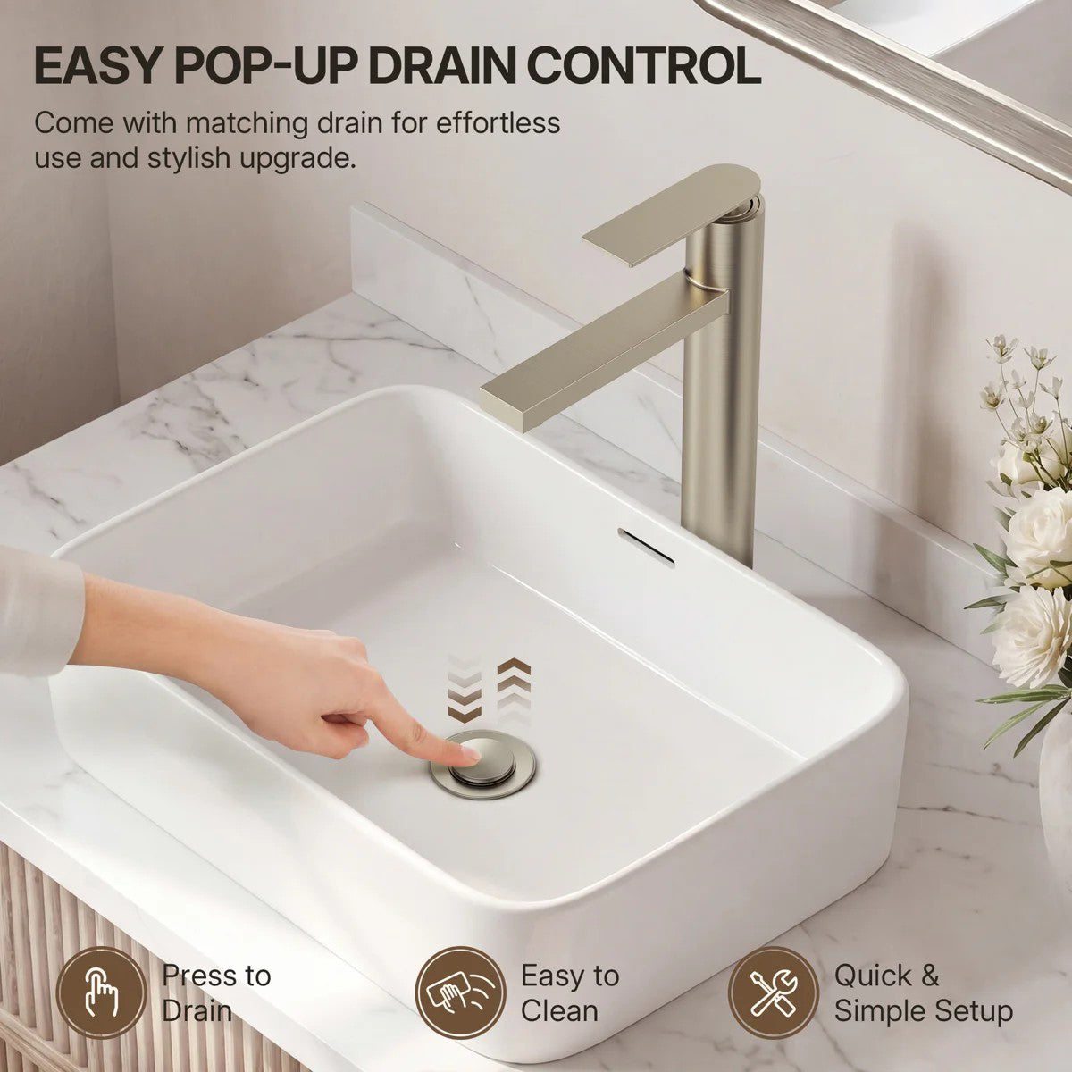 Single Hole Vessel Bathroom Faucet, Single Handle Vessel Bathroom Sink Faucet with Drain Assembly LP0094-YS - Brushed Nickel