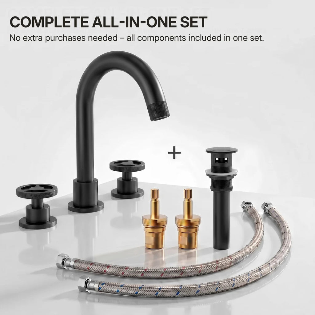 Widespread 3-Hole Bathroom Sink Faucet, 2-Handle Faucet with Wheel Knob Handles and Drain Assembly LP091-YS - Matte Black