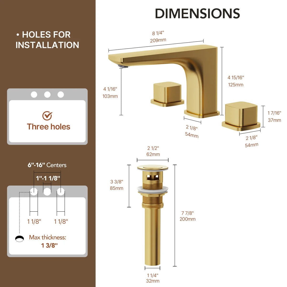 Widespread Bathroom Faucet 3 Hole, 2-handle Bathroom Sink Faucet with Drain Assembly LP088903-CF - Brushed Gold