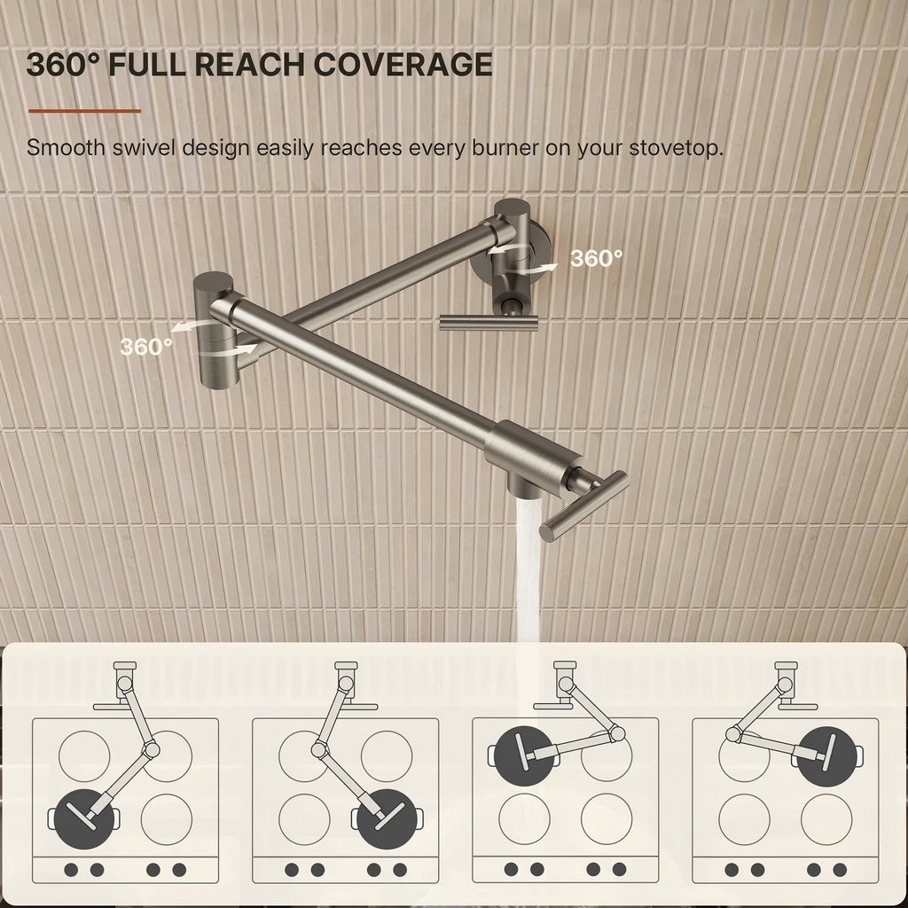 Wall Mount Pot Filler Faucet with Retractable Arm, 2-Handle Kitchen Faucet for Stove Use LP108-CF- Brushed Nickel