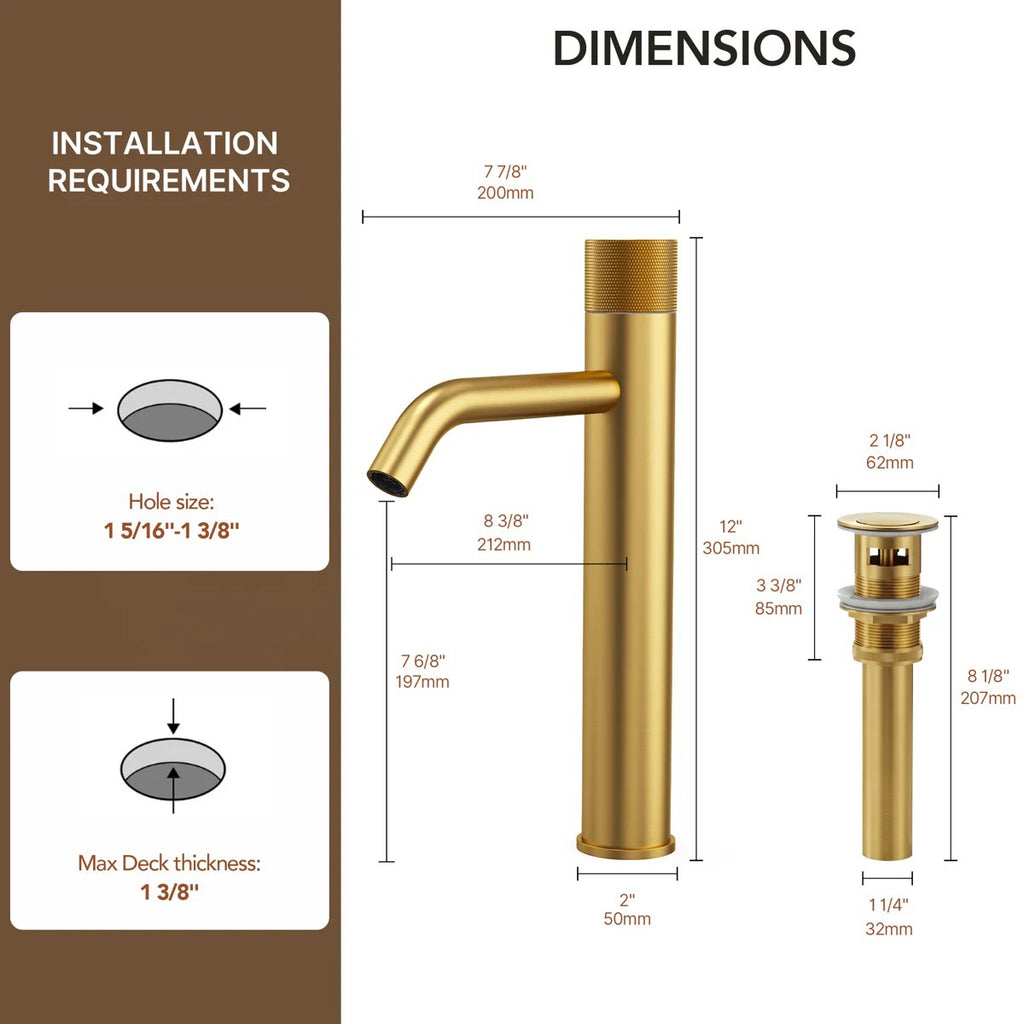 Single Hole Bathroom Vessel Faucet, Single Handle Bathroom Vessel Sink Faucet with Drain Assembly LP0223144-YS - Brushed Gold
