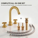 Widespread 3-Hole Bathroom Sink Faucet, 2-Handle Faucet with Wheel Knob Handles and Drain Assembly LP0916-YS - Brushed Gold