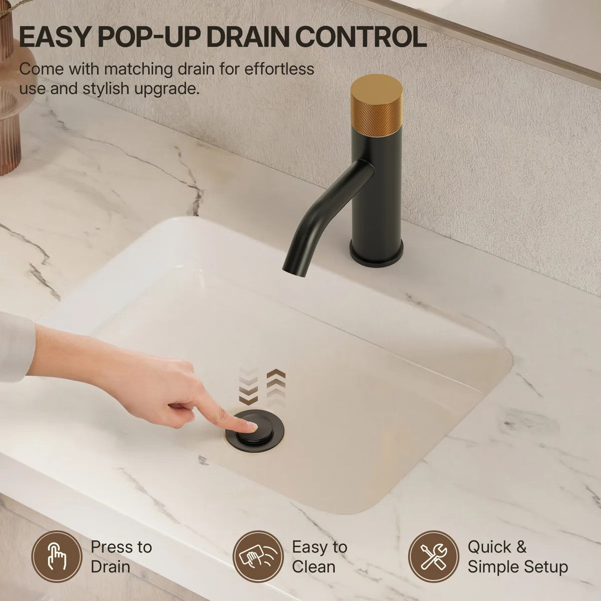 Single Hole Bathroom Faucet,Knob Single Handle Bathroom Sink Faucet with Drain Assembly LP0088-YS - Matte Black/Brushed Gold