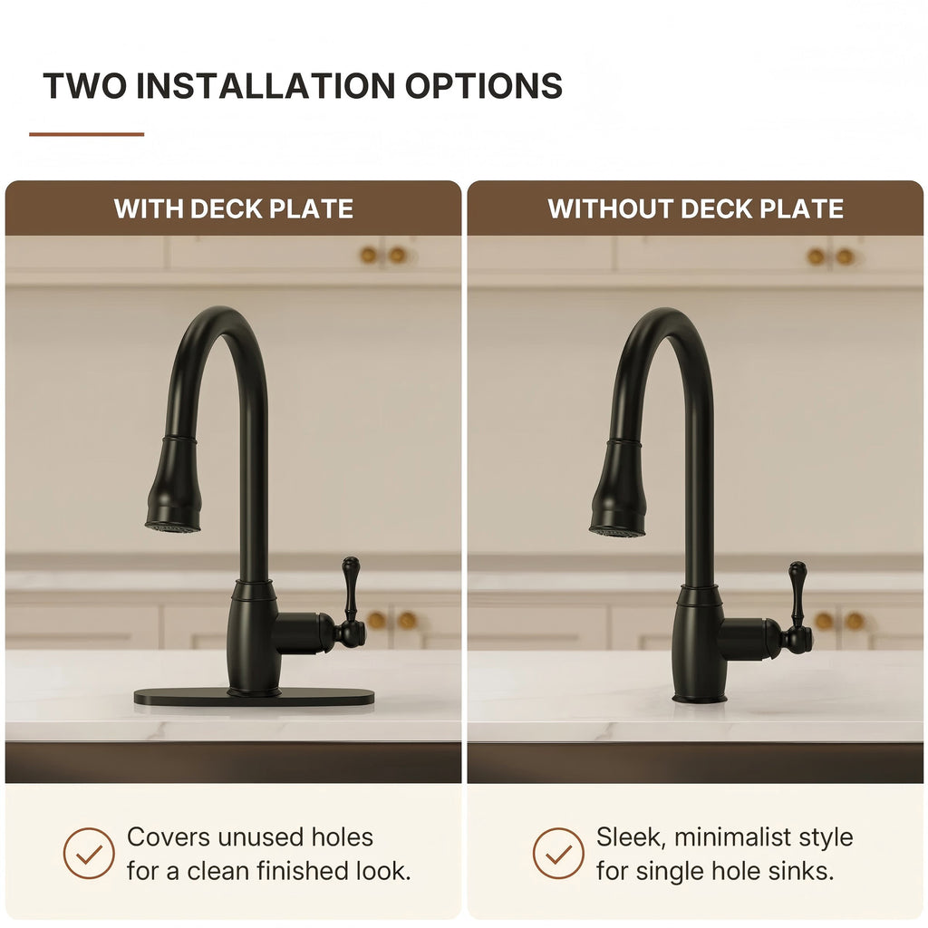 Pull-Down Kitchen Faucet with Deck Plate, Single Handle Sink Faucet with Sprayer LP099123-CFK- Matte Black