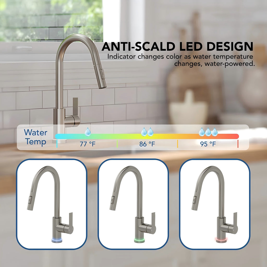Pull Down Sprayer Kitchen Sink Faucet, Single Handle Kitchen Faucet with LED Light Base LP11992-CF - Brushed Nickel