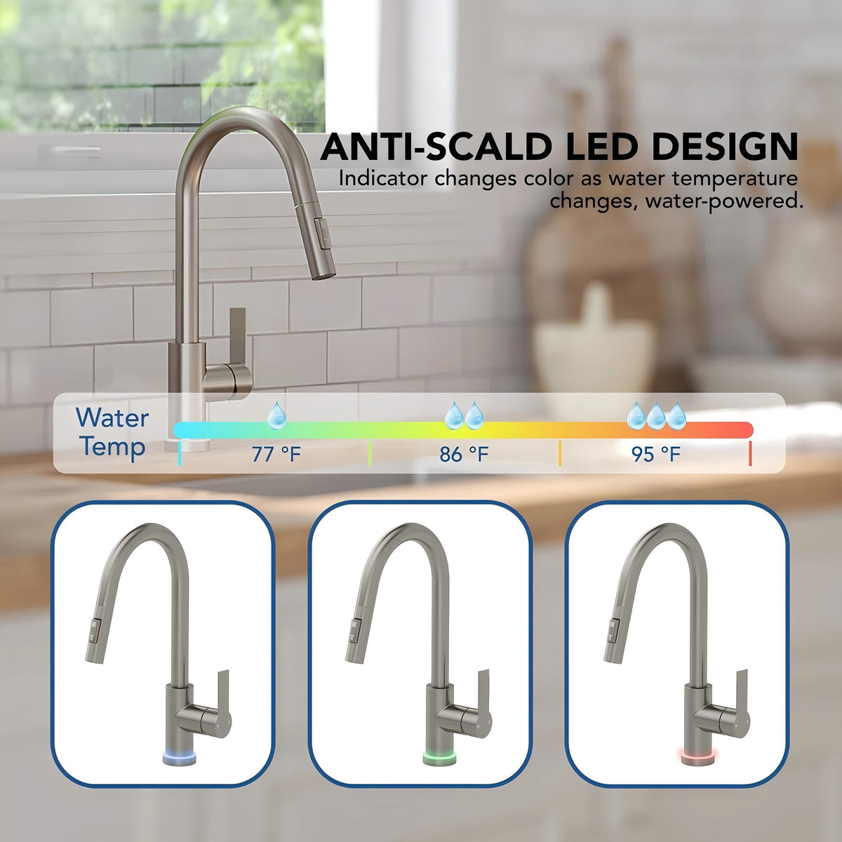 Pull Down Sprayer Kitchen Sink Faucet, Single Handle Kitchen Faucet with LED Light Base LP11992-CF - Brushed Nickel