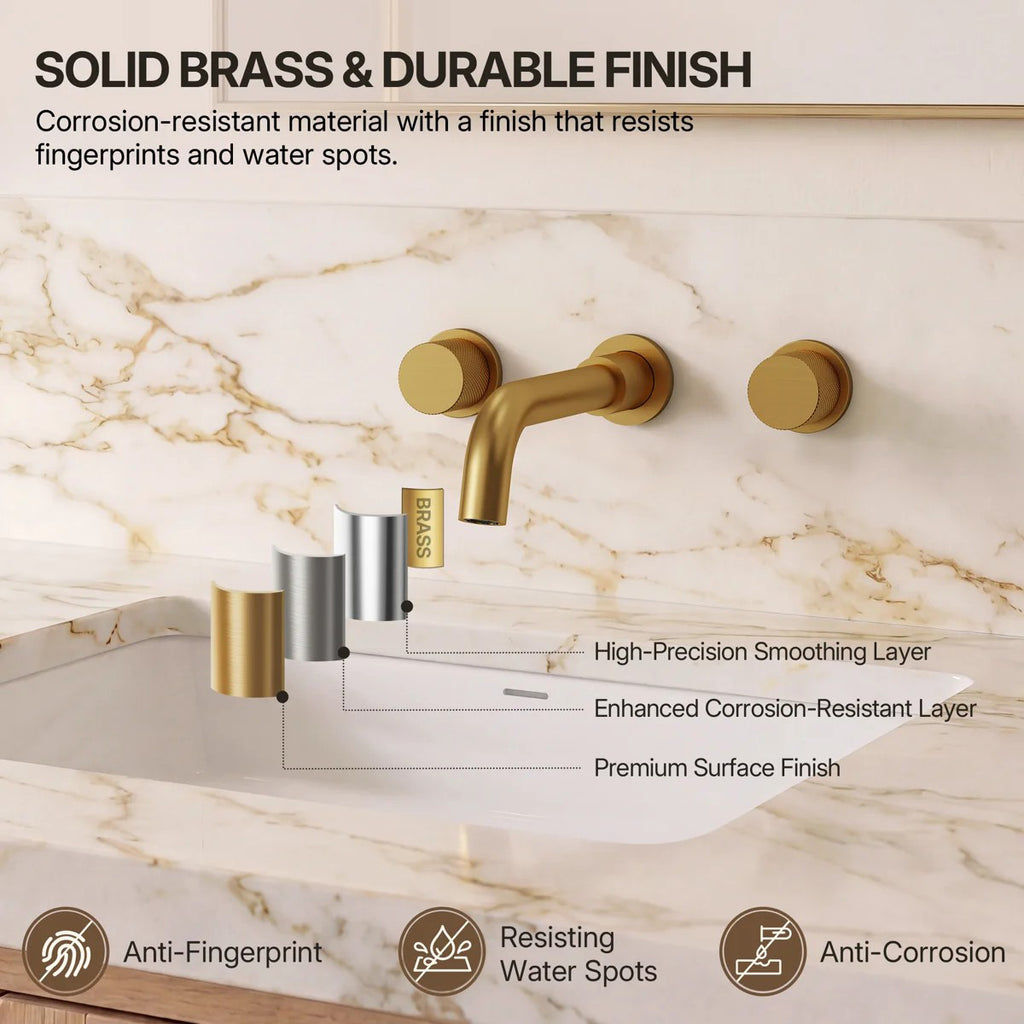 Wall Mounted Bathroom Faucet 3 Hole,2-Handle Bathroom Sink Faucet with Drain Assembly, Brushed Gold LP020103-YS - Brushed Gold