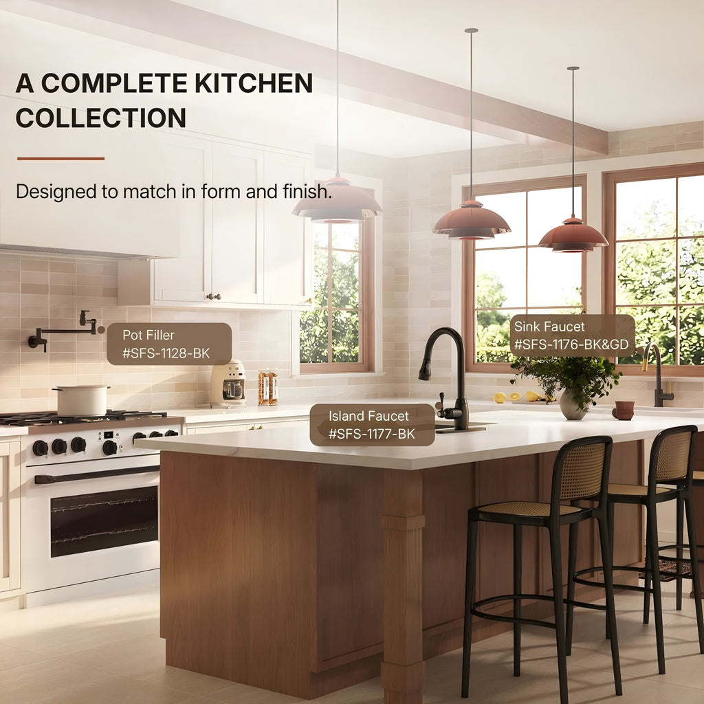 Pull-Down Kitchen Faucet with Deck Plate, Single Handle Sink Faucet with Sprayer LP099123-CFK- Matte Black