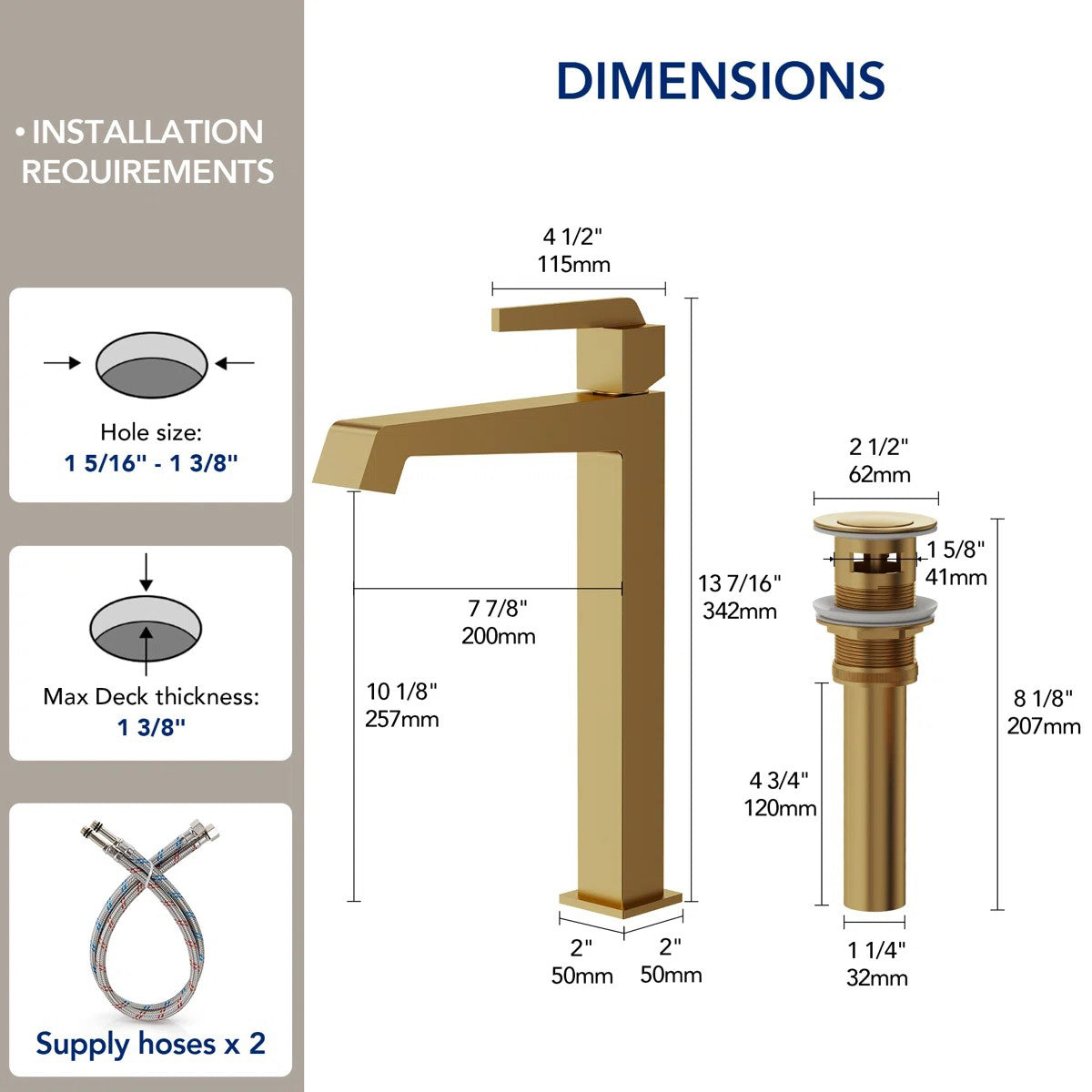 Single Hole Vessel Bathroom Faucet with Drain Assembly, Single Handle Vessel Bathroom Sink Faucet LP0850-YS - Brushed Gold