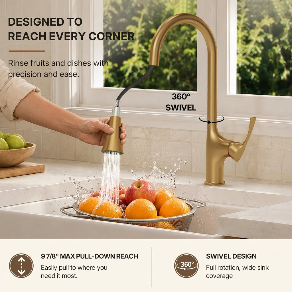 Pull-Down Single Handle Kitchen Faucet with High-Arc Spout LP0667-CF - Brushed Gold