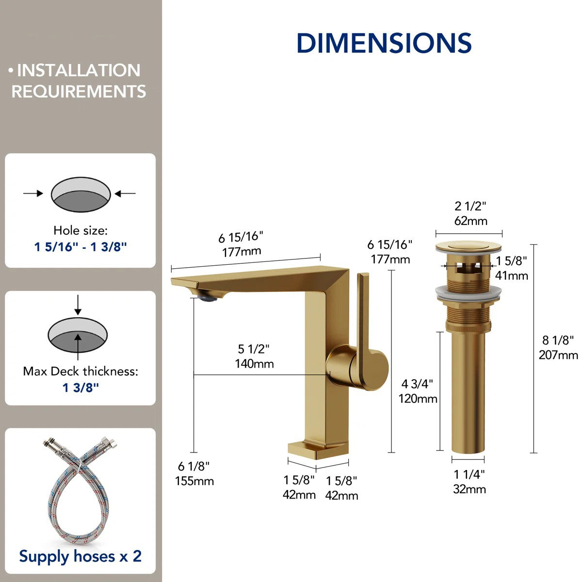 Single Hole Bathroom Faucet with Drain Assembly, Single Handle Bathroom Sink Faucet LP55789-YS- Brushed Gold