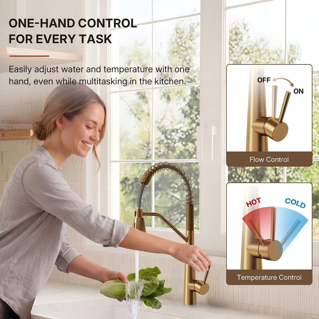 Commercial Dual-Function Pull Down Kitchen Faucet with High Arc Spring Spout LP03345-CF - Brushed Gold