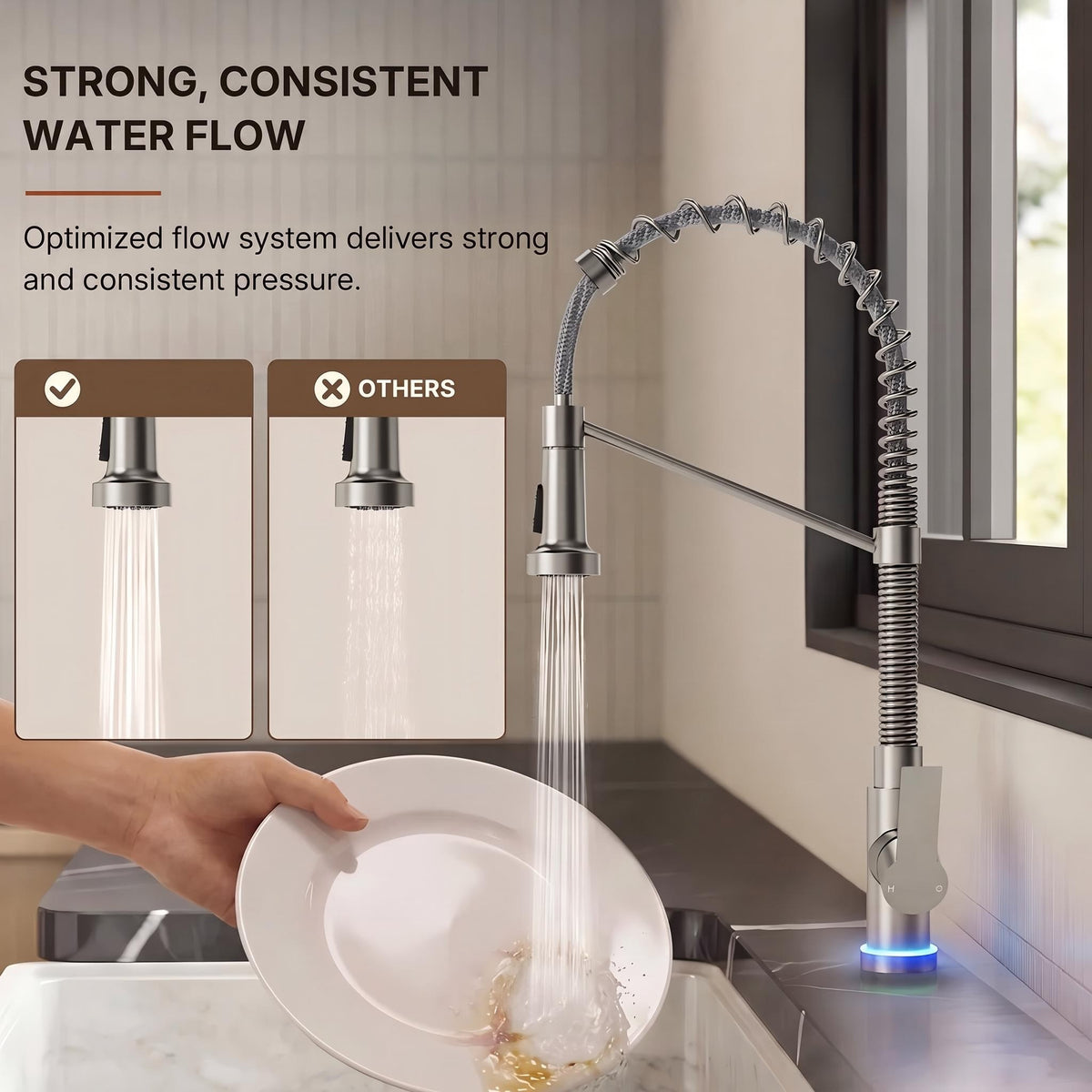 Contemporary Commercial-Style 2-Function Single-Handle Pull-Down Kitchen Faucet with LED Base LP3398-CF- Brushed Nickel