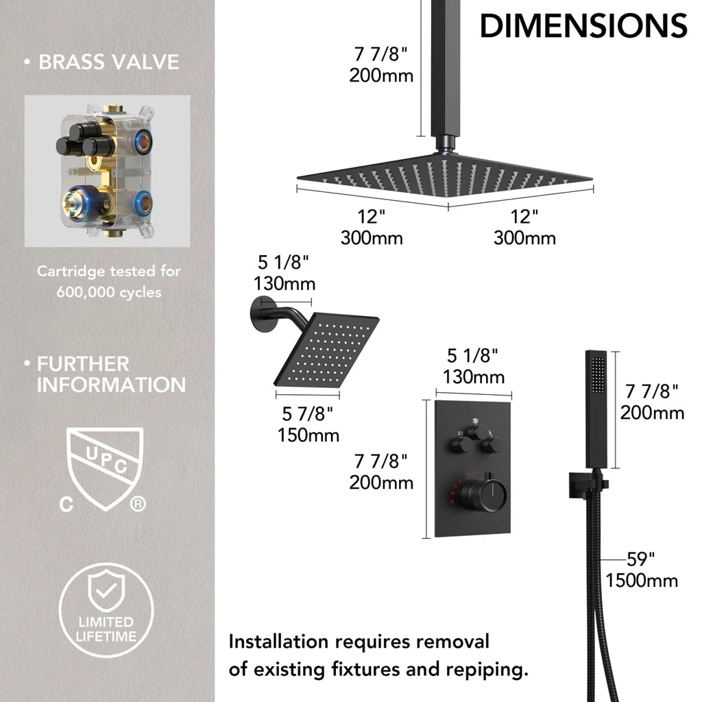 Ceiling Mount 12" High-Pressure Rainfall Shower Faucet, Dual Rainfall Shower Head System with Thermostatic Valve LP099-LY - Matte Black