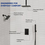 Ceiling Mount 12" High-Pressure Rainfall Shower Faucet, Dual Rainfall Shower Head System with Thermostatic Valve LP099-LY - Matte Black