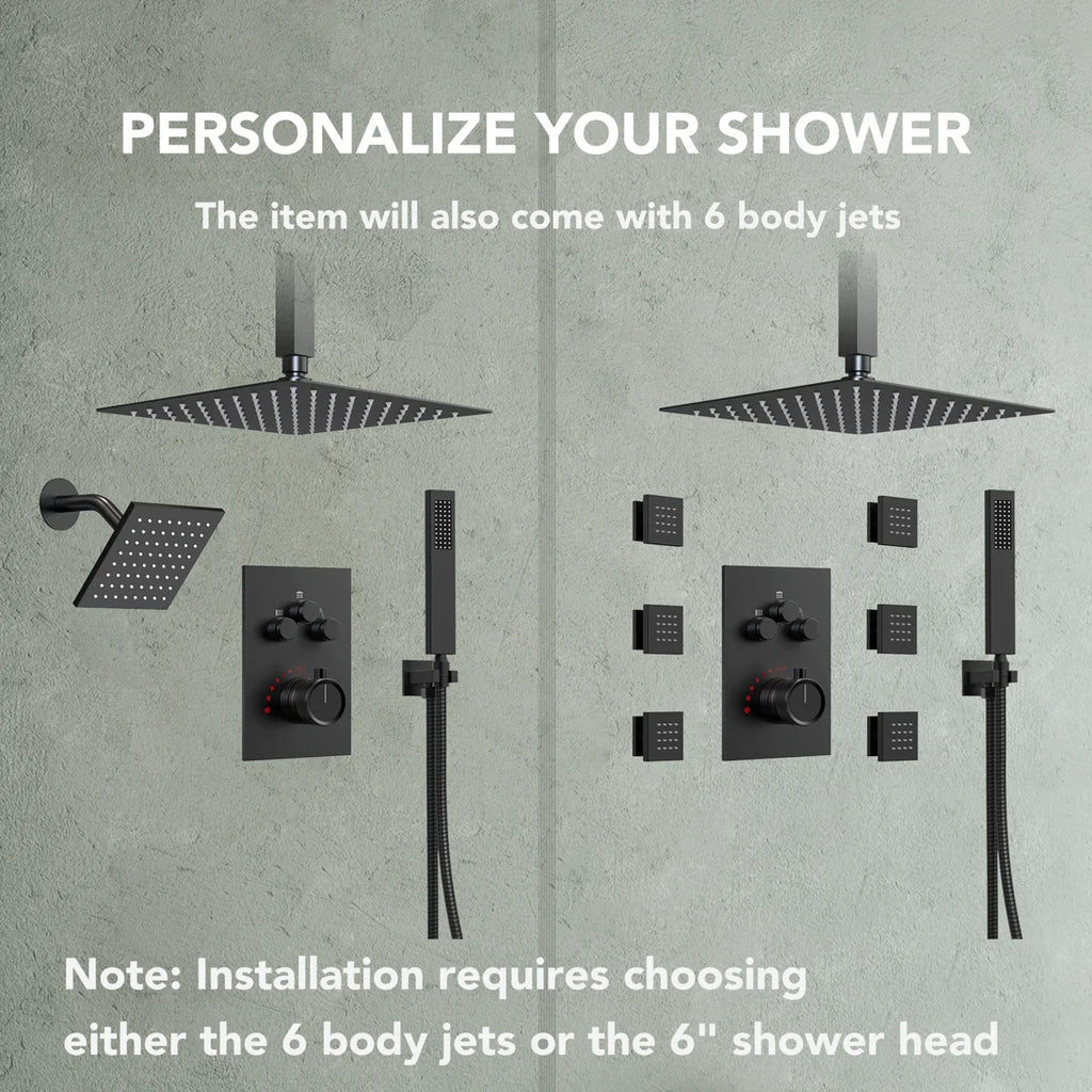 Ceiling Mount 12" High-Pressure Rainfall Shower Faucet, Dual Rainfall Shower Head System with Thermostatic Valve LP099-LY - Matte Black